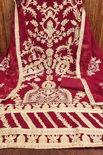Red Georgette Embroidered Unstitched Dress Material