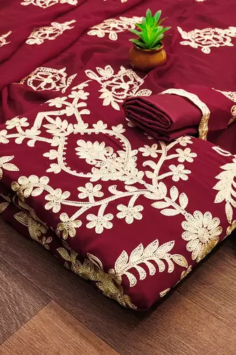 Red Georgette Embroidered Unstitched Dress Material