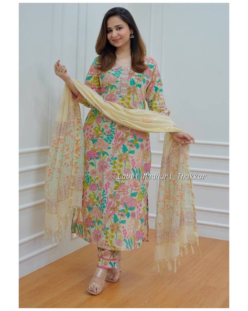 Cotton printed kurti With pant and dupatta