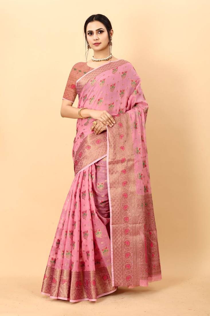 Pink Color Soft Cotton Silk Saree With Silk Weawing Blouse Piece