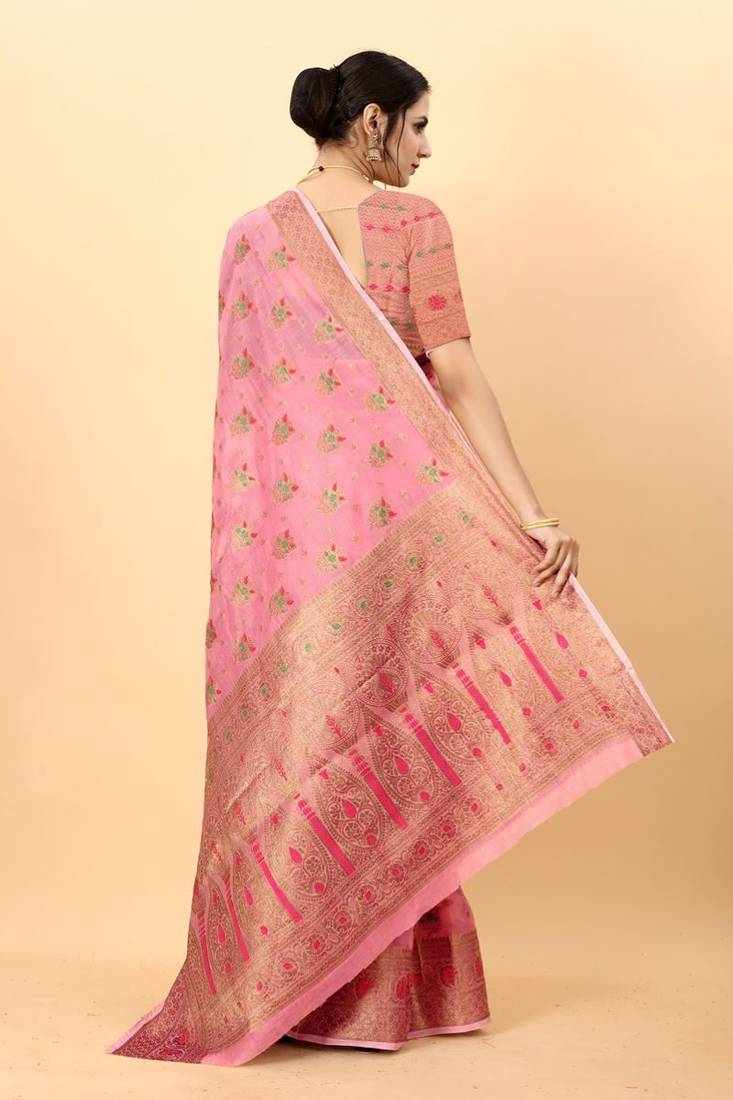 Pink Color Soft Cotton Silk Saree With Silk Weawing Blouse Piece