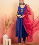 INK BLUE SLEEVELESS FLARED KURTA SET FUSCHIA BA OR DUPATTA