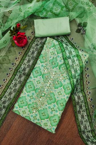 Green Organza Embellished Unstitched Dress Material
