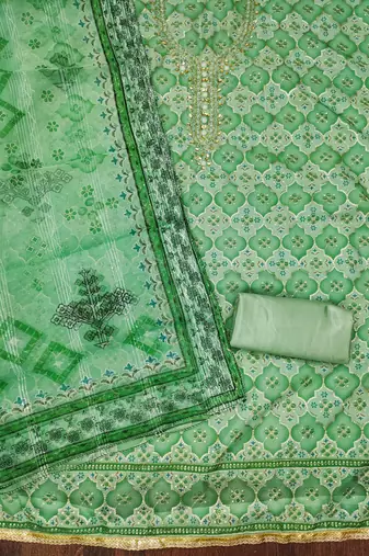 Green Organza Embellished Unstitched Dress Material