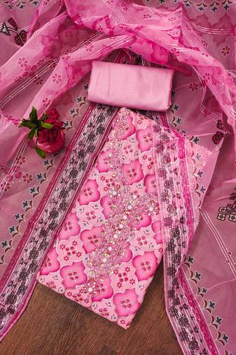Pink Organza Embellished Unstitched Dress Material