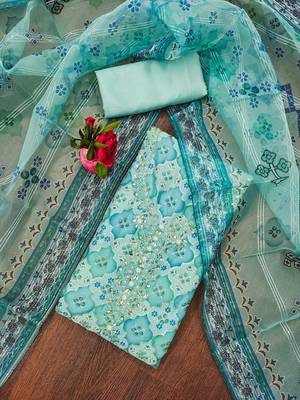 Sky Blue Organza Embellished Unstitched Dress Material 1