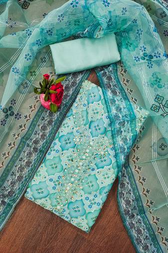 Sky Blue Organza Embellished Unstitched Dress Material