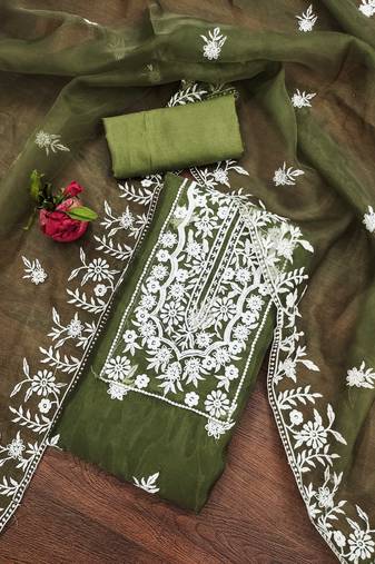 Mehndi Organza Embroidered Unstitched Dress Material