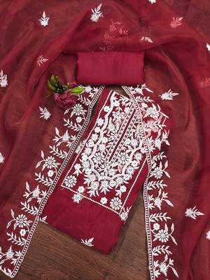 Maroon Organza Embroidered Unstitched Dress Material 1