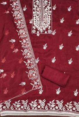Maroon Organza Embroidered Unstitched Dress Material 2