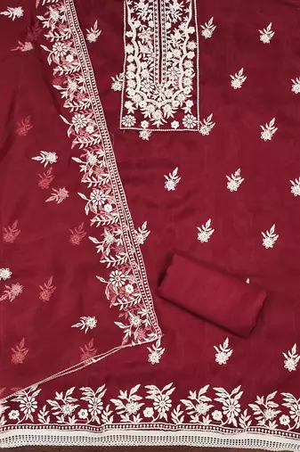 Maroon Organza Embroidered Unstitched Dress Material