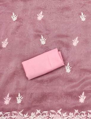 Pink Organza Embroidered Unstitched Dress Material 4