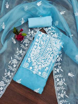 Sky Blue Organza Embroidered Unstitched Dress Material 1