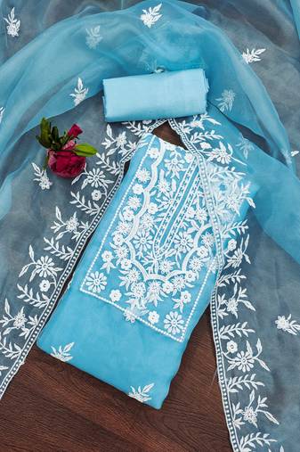 Sky Blue Organza Embroidered Unstitched Dress Material