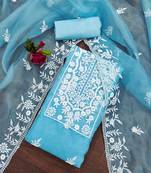 Sky Blue Organza Embroidered Unstitched Dress Material