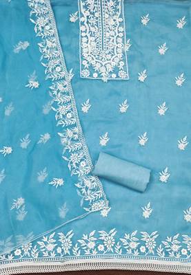 Sky Blue Organza Embroidered Unstitched Dress Material 2