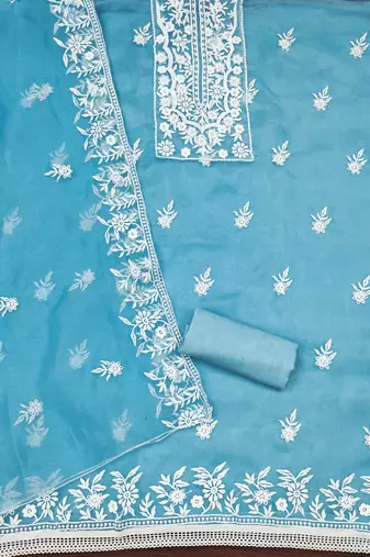 Sky Blue Organza Embroidered Unstitched Dress Material
