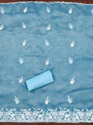 Sky Blue Organza Embroidered Unstitched Dress Material 3