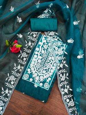 Teal Organza Embroidered Unstitched Dress Material 1