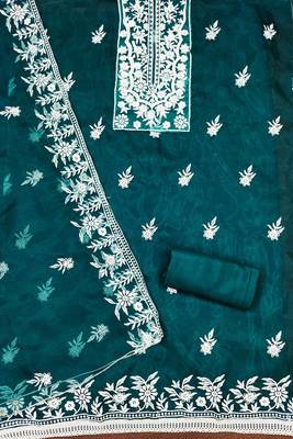 Teal Organza Embroidered Unstitched Dress Material 2