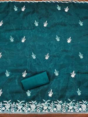 Teal Organza Embroidered Unstitched Dress Material 3
