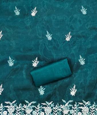 Teal Organza Embroidered Unstitched Dress Material 4