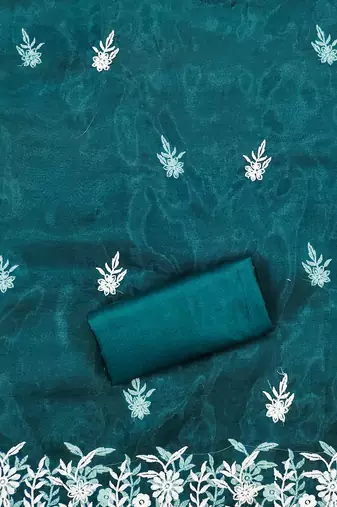 Teal Organza Embroidered Unstitched Dress Material