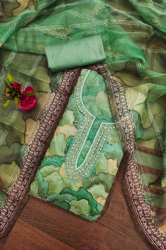 Green Organza Sequinned Unstitched Dress Material