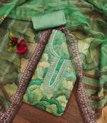 Green Organza Sequinned Unstitched Dress Material