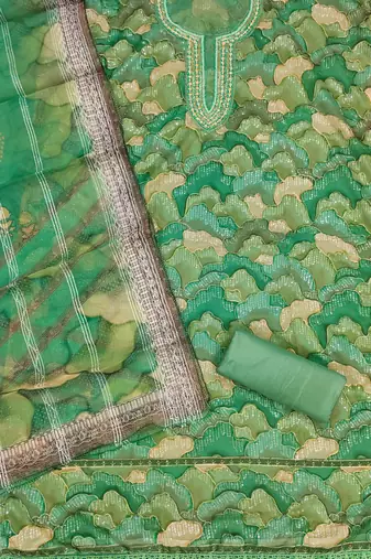 Green Organza Sequinned Unstitched Dress Material