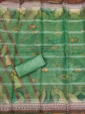 Green Organza Sequinned Unstitched Dress Material 3