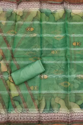 Green Organza Sequinned Unstitched Dress Material