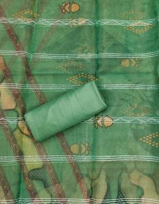 Green Organza Sequinned Unstitched Dress Material 4