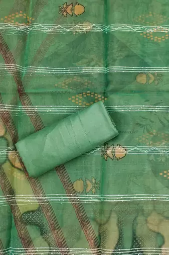 Green Organza Sequinned Unstitched Dress Material