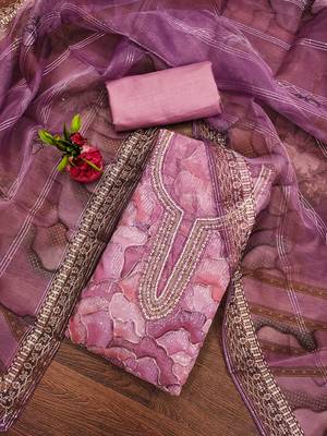 Lavender Organza Sequinned Unstitched Dress Material 1