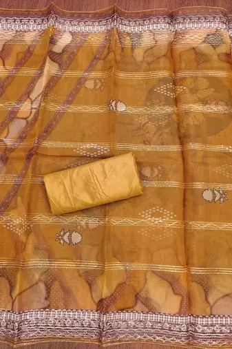 Mustard Organza Sequinned Unstitched Dress Material