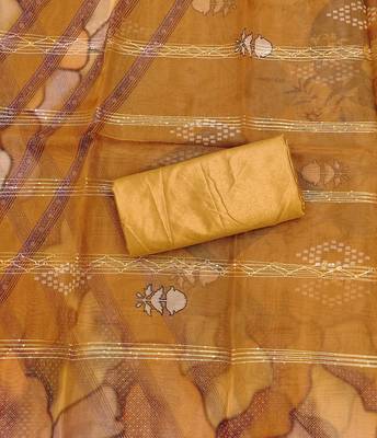 Mustard Organza Sequinned Unstitched Dress Material 4
