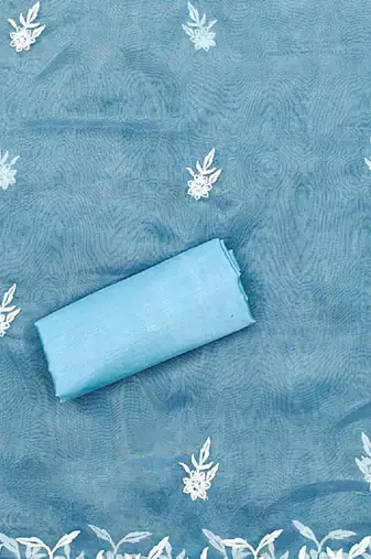 Sky Blue Organza Embroidered Unstitched Dress Material