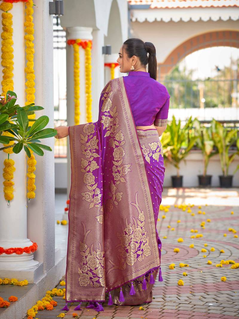 Banarasi Woven Purple Saree With Heavy Jacquard Work Saree With Blouse Piece