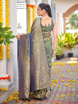 Banarasi Woven Mehendi Green Saree With Heavy Jacquard Work Saree With Blouse Piece 2