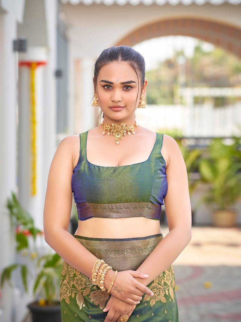 Banarasi Woven Mehendi Green Saree With Heavy Jacquard Work Saree With Blouse Piece