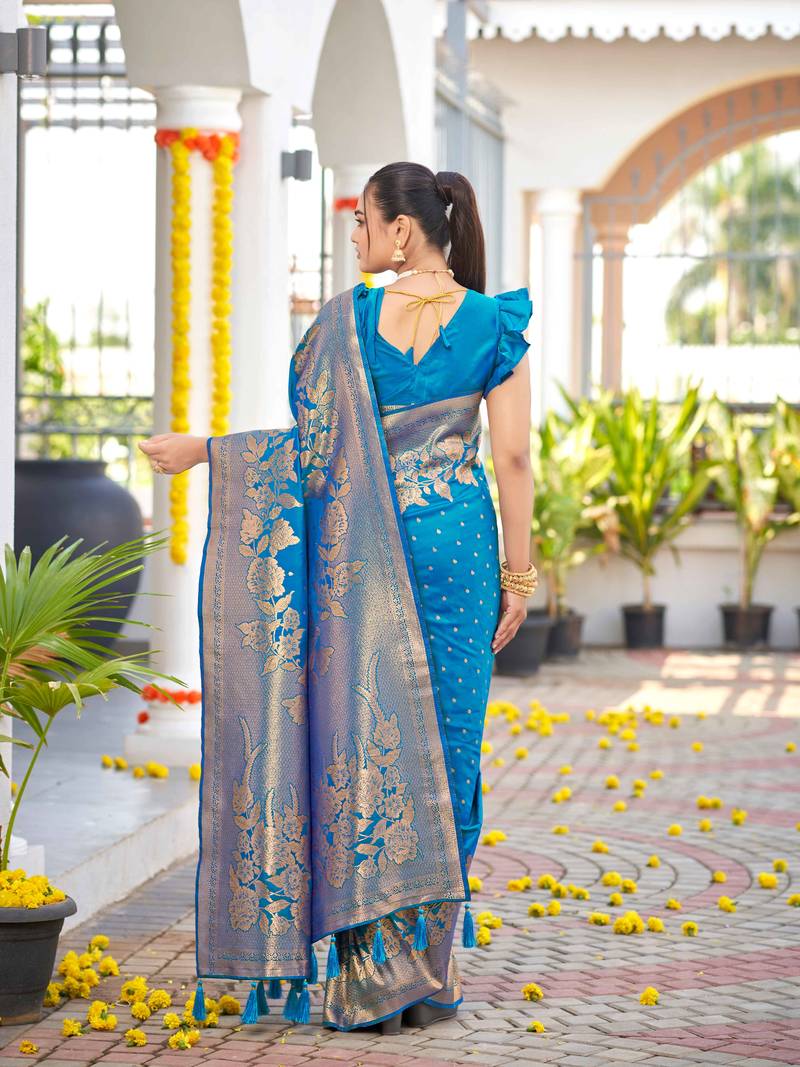 Banarasi Woven Blue Saree With Heavy Jacquard Work Saree With Blouse Piece