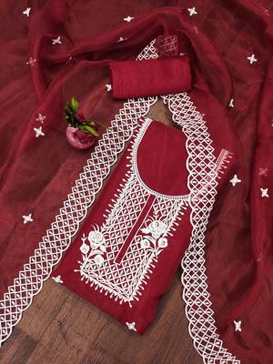 Maroon Organza Embroidered Unstitched Dress Material 1