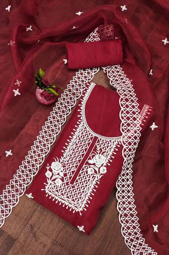 Maroon Organza Embroidered Unstitched Dress Material