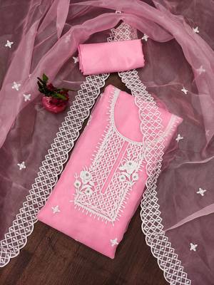 Pink Organza Embroidered Unstitched Dress Material 1