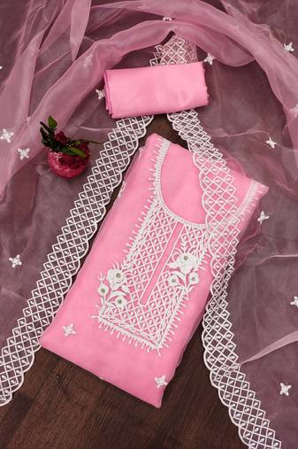 Pink Organza Embroidered Unstitched Dress Material