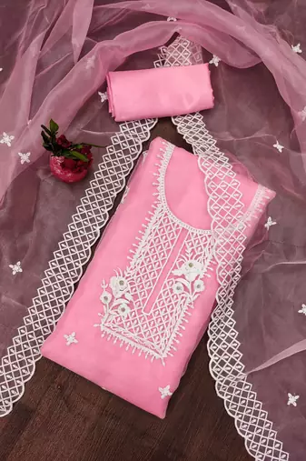 Pink Organza Embroidered Unstitched Dress Material