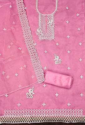 Pink Organza Embroidered Unstitched Dress Material 2
