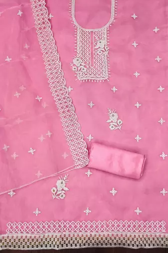 Pink Organza Embroidered Unstitched Dress Material
