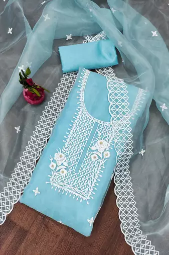 Sky Blue Organza Embroidered Unstitched Dress Material